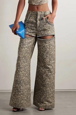 Baddie Leopard Embellished Cut Out Pants