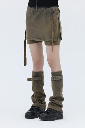 Belt Detail Denim Mini Skort With Leg Warmer