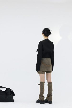 Belt Detail Denim Mini Skort With Leg Warmer