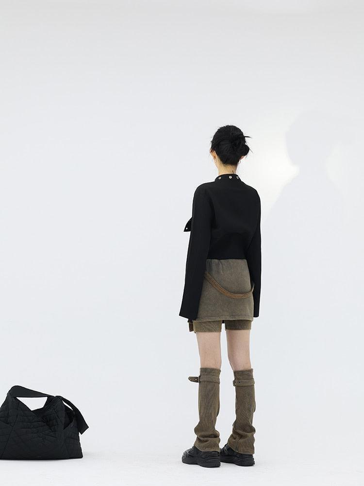 Belt Detail Denim Mini Skort With Leg Warmer Belt Detail Denim Mini Skort With Leg Warmer