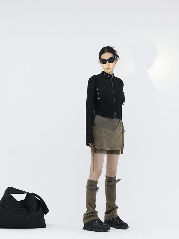 Belt Detail Denim Mini Skort With Leg Warmer Belt Detail Denim Mini Skort With Leg Warmer