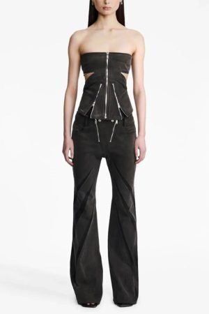 Black Denim Tube Top & Patch Jeans Two Piece Set