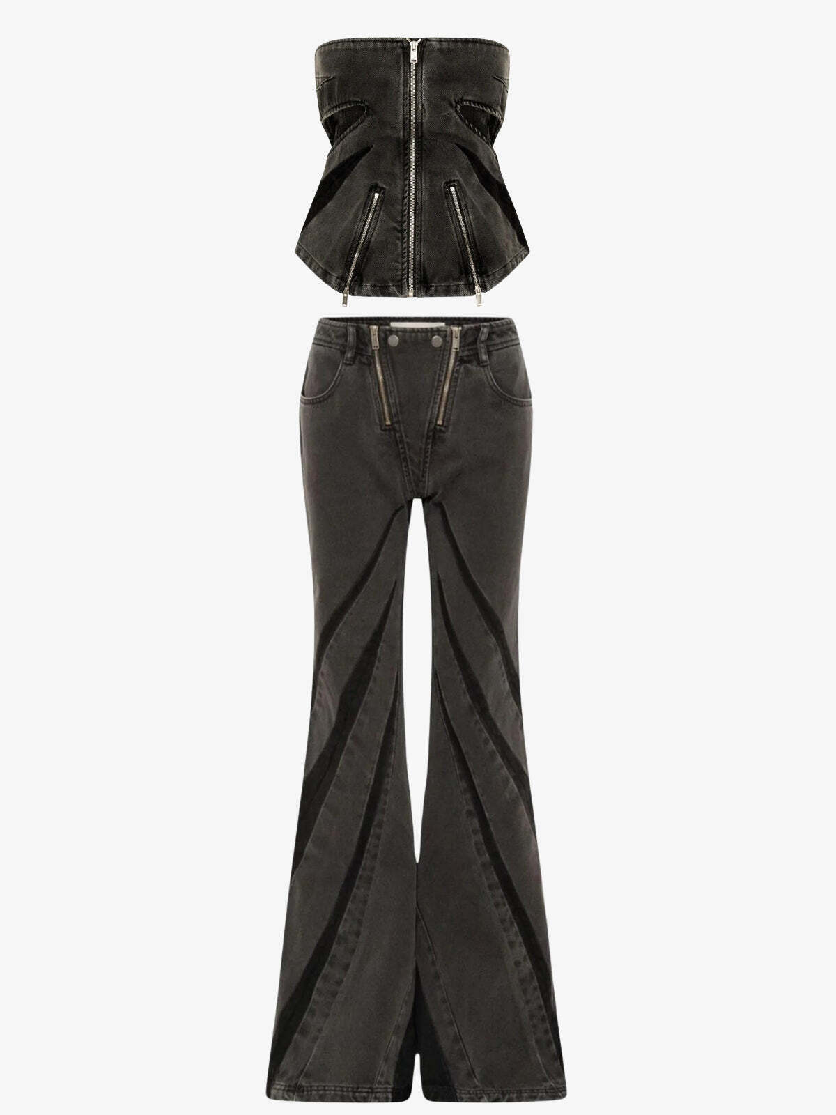 Black Denim Tube Top & Patch Jeans Two Piece Set Black Denim Tube Top & Patch Jeans Two Piece Set