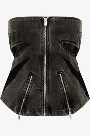 Black Denim Tube Top & Patch Jeans Two Piece Set