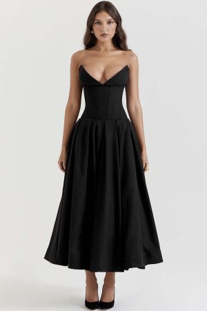 Black Plunge Corset Midi Dress