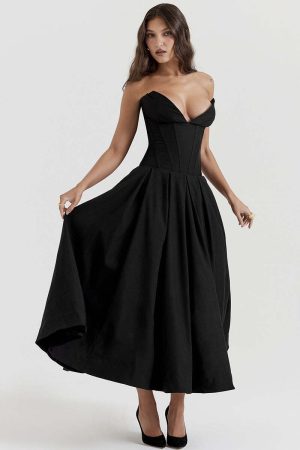 Black Plunge Corset Midi Dress