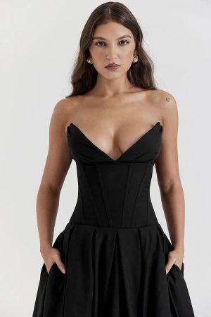 Black Plunge Corset Midi Dress