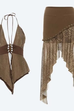 Boho Asymmetric Top & Leopard Midi Skirt Two Piece Set