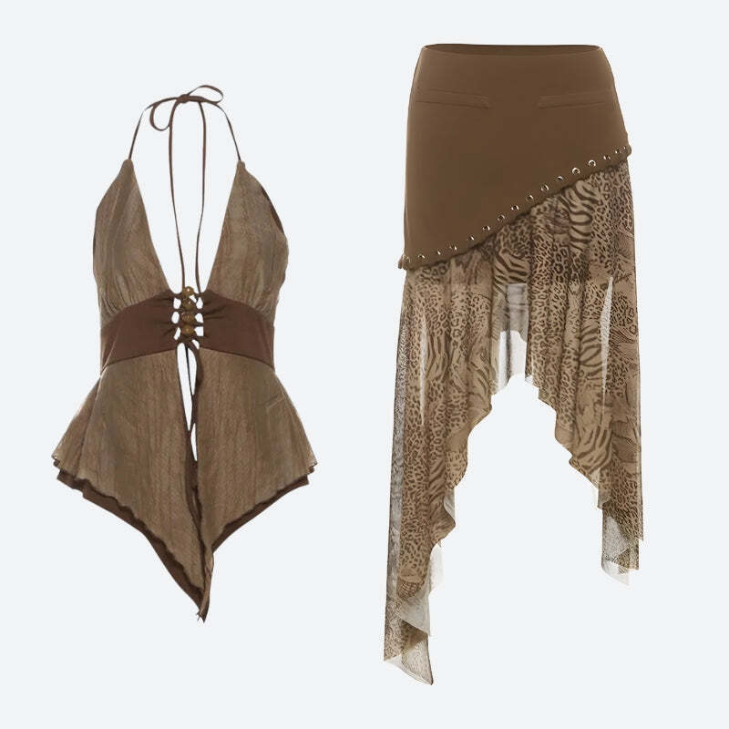 Boho Asymmetric Top & Leopard Midi Skirt Two Piece Set Boho Asymmetric Top & Leopard Midi Skirt Two Piece Set