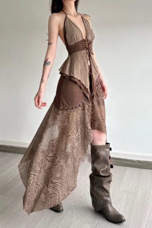 Boho Asymmetric Top & Leopard Midi Skirt Two Piece Set