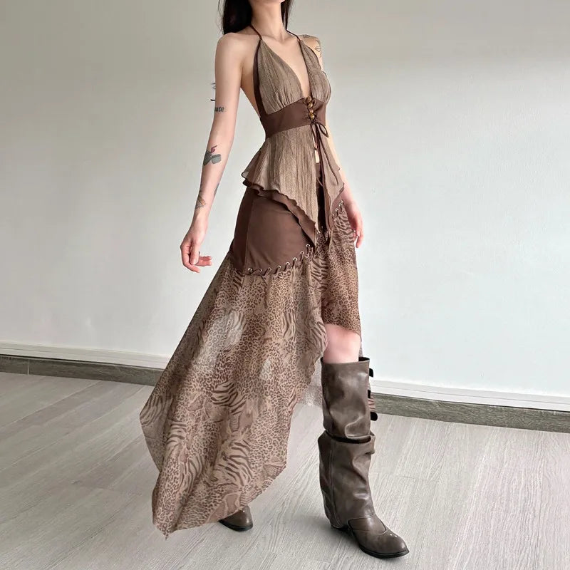 Boho Asymmetric Top & Leopard Midi Skirt Two Piece Set Boho Asymmetric Top & Leopard Midi Skirt Two Piece Set