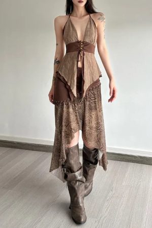 Boho Asymmetric Top & Leopard Midi Skirt Two Piece Set