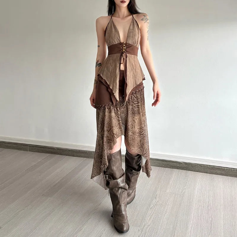 Boho Asymmetric Top & Leopard Midi Skirt Two Piece Set Boho Asymmetric Top & Leopard Midi Skirt Two Piece Set