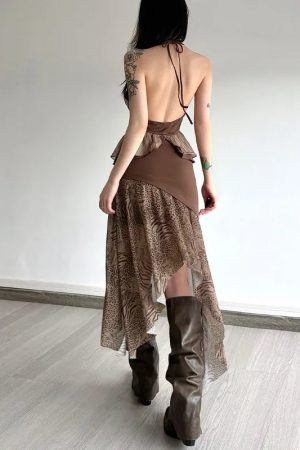 Boho Asymmetric Top & Leopard Midi Skirt Two Piece Set