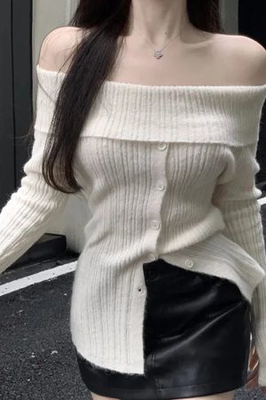 Button Up Off Shoulder Knitted Top
