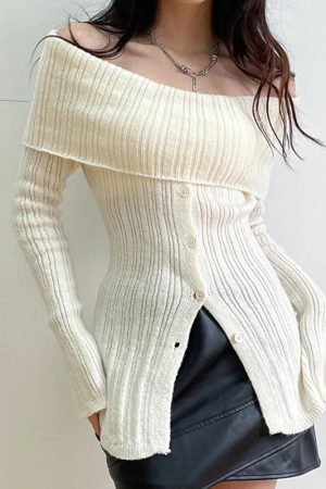 Button Up Off Shoulder Knitted Top