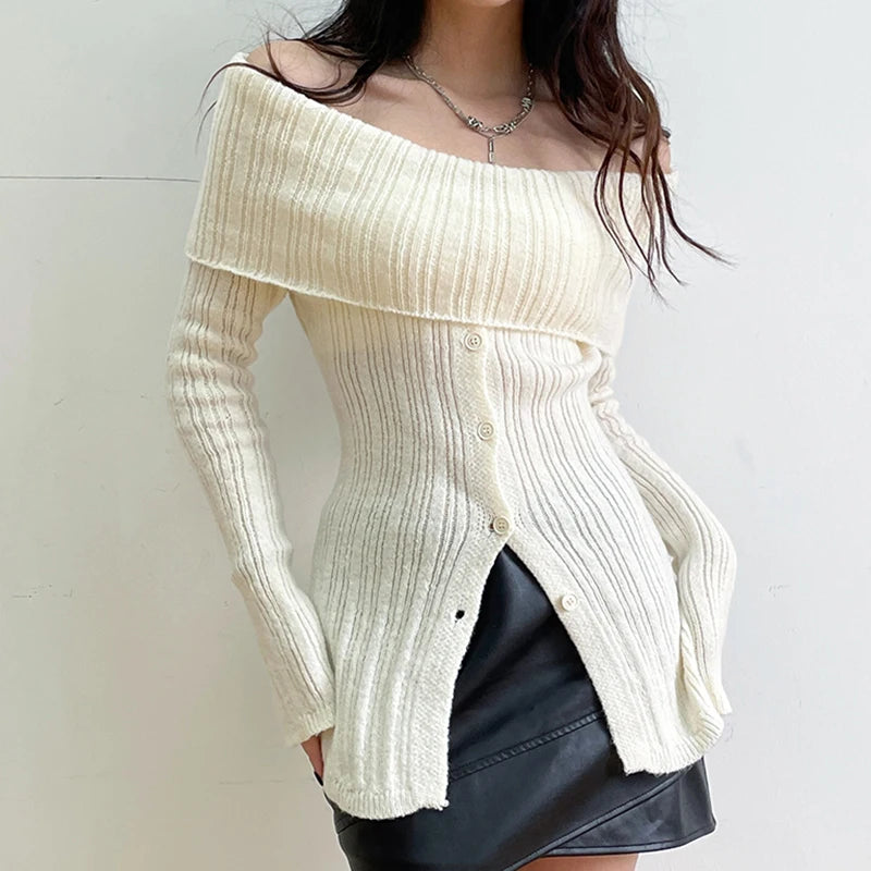 Button Up Off Shoulder Knitted Top Button Up Off Shoulder Knitted Top