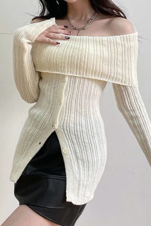 Button Up Off Shoulder Knitted Top