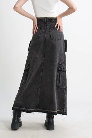 Cargo Split Denim Midi Skirt