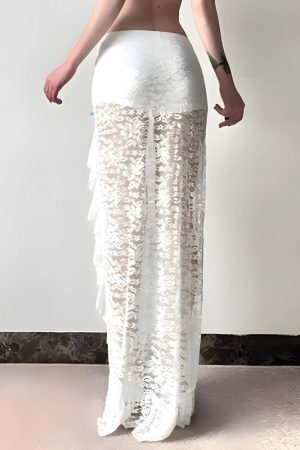 Coquette Lace Ruffled Slit Maxi Skirt