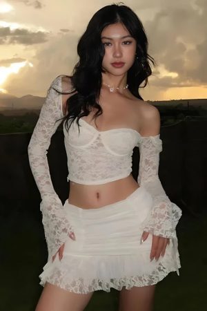 Coquette Lace Top & Ruched Mini Skirt Two Piece Set