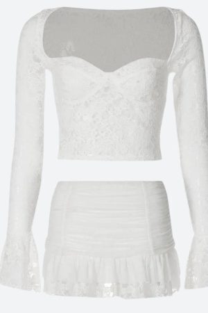 Coquette Lace Top & Ruched Mini Skirt Two Piece Set