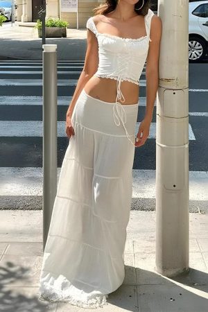 Coquette Lace Up Crop Top & Maxi Skirt Two Piece Set