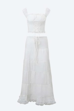 Coquette Lace Up Crop Top & Maxi Skirt Two Piece Set