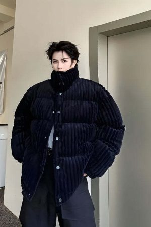Corduroy Buttoned Puffer Jacket