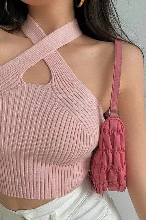 Corduroy Halter Neck Knitted Crop Top
