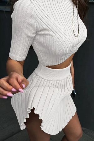 Corduroy Knitted Crop Top & Mini Skirt Two Piece Set