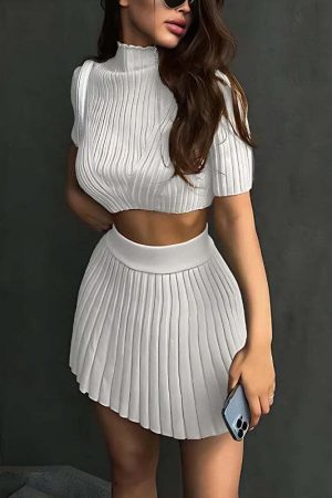 Corduroy Knitted Crop Top & Mini Skirt Two Piece Set