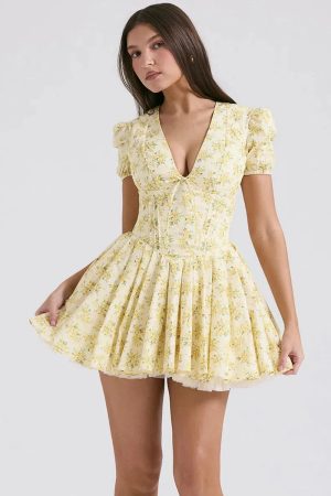 Cottagecore Floral Plunge Neck Mini Dress
