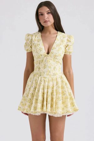 Cottagecore Floral Plunge Neck Mini Dress