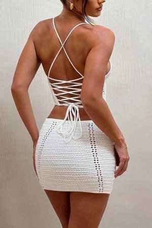 Crochet Lace Up Top & Mini Skirt Two Piece Set
