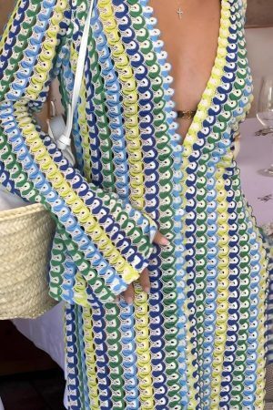 Crochet Striped Plunge Neck Maxi Dress