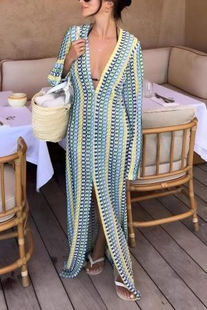 Crochet Striped Plunge Neck Maxi Dress
