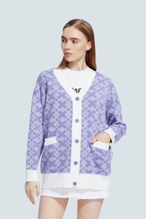 Cross Pattern Buttoned Purple Cardigan