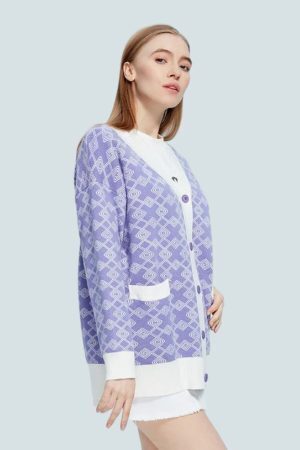 Cross Pattern Buttoned Purple Cardigan