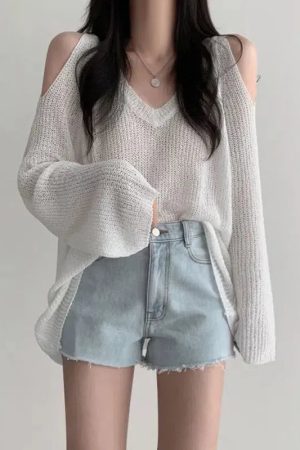 Cut-Out Shoulder Loose Knit Sweater