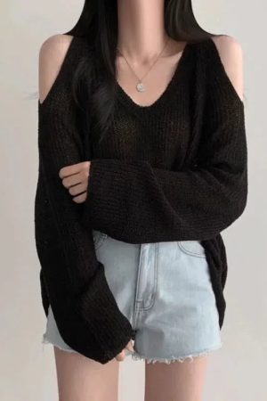 Cut-Out Shoulder Loose Knit Sweater