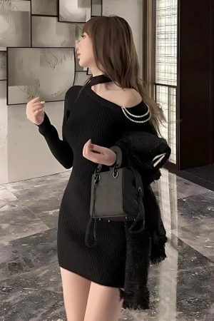 Cut Out Shoulder Rhinestone Mini Dress