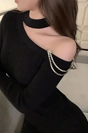 Cut Out Shoulder Rhinestone Mini Dress