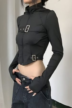 Cyberpunk Belted Zip-Up Crop Jacket