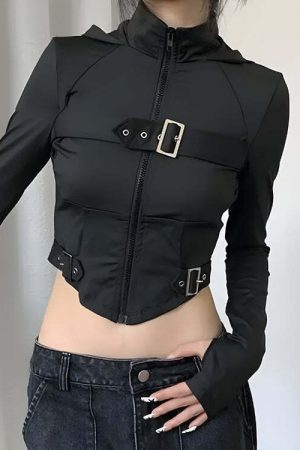 Cyberpunk Belted Zip-Up Crop Jacket
