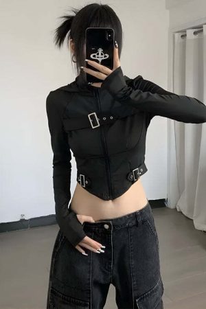 Cyberpunk Belted Zip-Up Crop Jacket