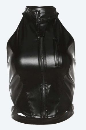 Cyberpunk Faux Leather Zip Up Top