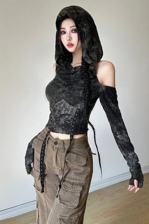 Cyberpunk Off Shoulder Hooded Top