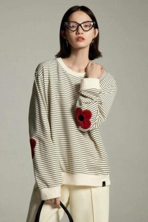 Daisy Embroidered Striped Sweatshirt