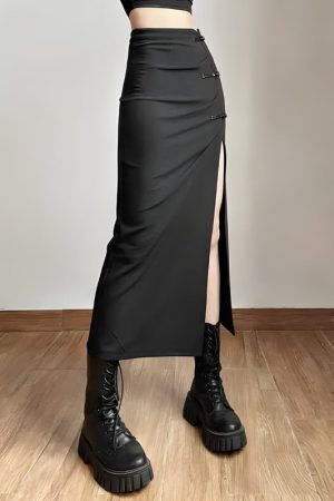 Dark Academia High Split Midi Pencil Skirt